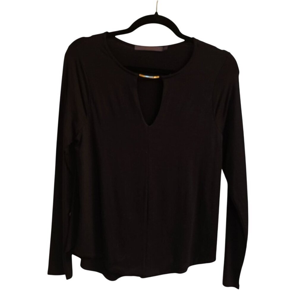 Feel The Piece Terre Jacobs Black Long Sleeve Curved Hem Keyhole Top Blouse M/L